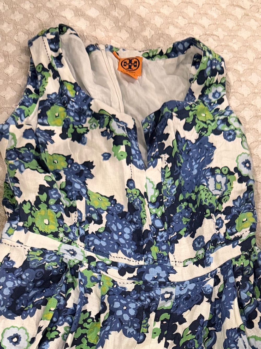 Tory Burch Blue, Navy & Green Floral Sleeveless Fit-and-Flare Dress